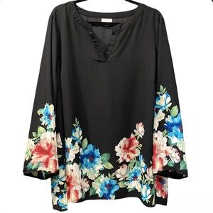 Avenue Black Sheer Floral Blouse Size 22/24 Roll Tab Sleeves Notched Neckline